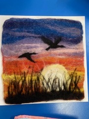 Needle felted picture made by Sheila M of Geese